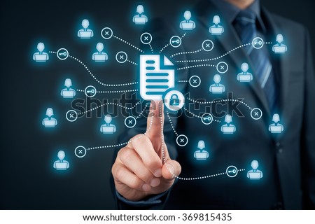 Corporate data management system (DMS) and document management system with privacy theme concept. Businessman publish protected document connected with users, access rights symbolized by key.