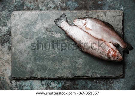 Raw uncooked Trout fish on slate board background