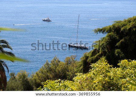Photo of modern and classic yachts sailing boats vessels offshore in calm blue sea summer time green trees silhouetted against seascape background, horizontal picture