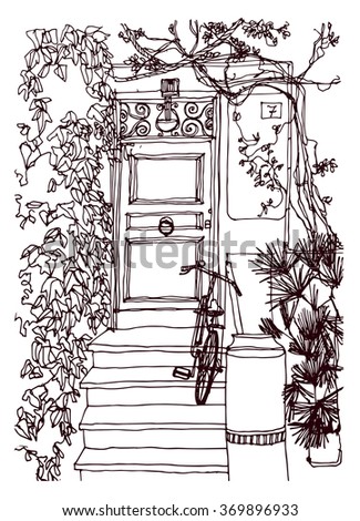 Scene street illustration. Hand drawn ink line sketch European old town, door,foliage, trees, exterior and bicycle  in outline style. Ink drawing of perspective view. Travel postcard.