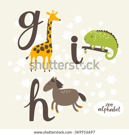 Cute zoo alphabet in vector. G, h, i letters. Funny animals. Giraffe, horse, and iguana.