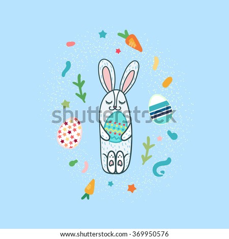 Happy Easter greeting or banner with cute rabbit and egg in hands. Vector