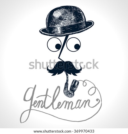 Retro, vintage gentleman. Snobby reach man in black bowler hat, pipe and big moustaches. Icon set vector. Hand drawn portrait