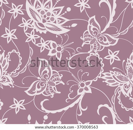 Seamless background is in the form of lace with decorative flowers, leaves and butterflies
