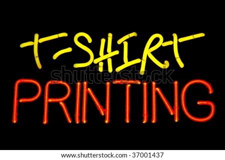 Tshirt printing neon sign isolated on black background