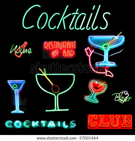Collage of alcoholic beverages related neon sign isolated on black background