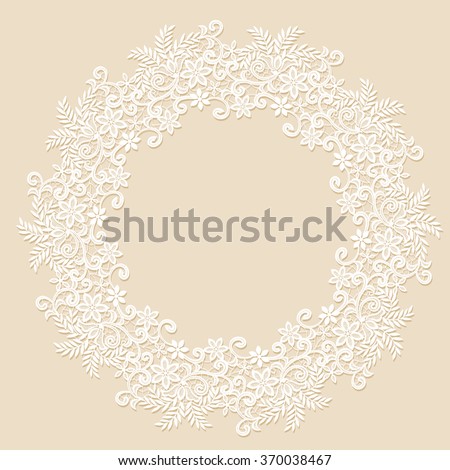 Elegant white lace frame with shadow on a beige background