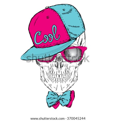Skull in cap and glasses. Hipster. Vector illustration for greeting card, poster, or print on clothes.