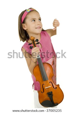little girl with violin on a white banner isolated on white background