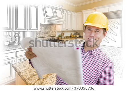 Smiling Contractor Holding Blueprints Over Custom Kitchen Drawing and Photo Combination.