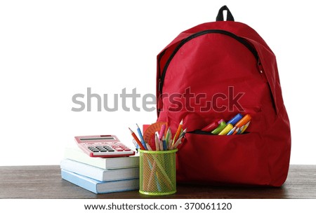 Backpack with school supplies on wooden table   with white background