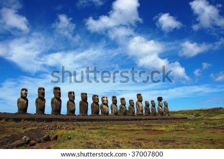 15 Moai at Ahu Tongariki, Easter Island, Chile Royalty-Free Stock Photo #37007800