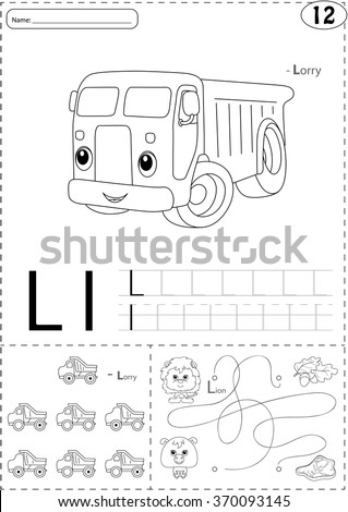 Cartoon lorry and lion. Alphabet tracing worksheet: writing A-Z, coloring book and educational game for kids