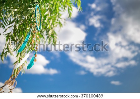 the Dreamcatcher hangs on a tree on blue sky background with copy space.