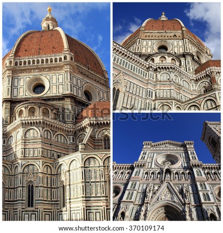 Travel photo collage of Amazing Cathedral of Santa Maria del Fiore (Il Duomo di Firenze), Florence, Italy. The basilica is one of Italy's largest churches, UNESCO World Heritage Site. 