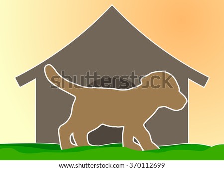 Brown silhouette of a puppy standing on the grass in the background doghouse