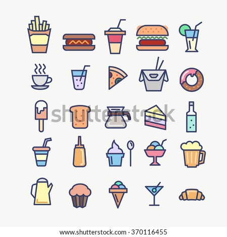 set of outline icons of fast food. different food for breakfast.