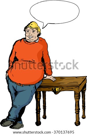 One overweight mature laughing European male leaning on table with hand
