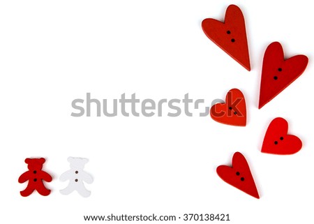 Red valentines hearts and bears on white background. Button love. Wooden buttons. Wooden hearts Post card for the Valentine.