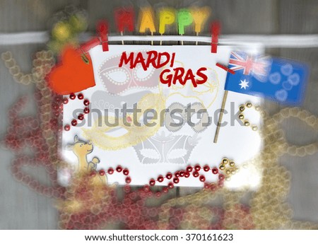 Celebrate party invitation holiday. Happy Mardi Gras message greeting Australian  flag. Toned collage. Blury image