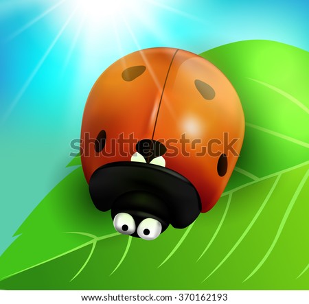 Ladybug. Insect on the leaf. Blue sky. Rays of light. Vector