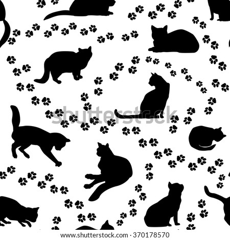 Cats seamless pattern. Kitten silhouette and animal tracks pattern over white background.