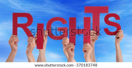 Many People Hands Holding Red Word Rights Blue Sky
