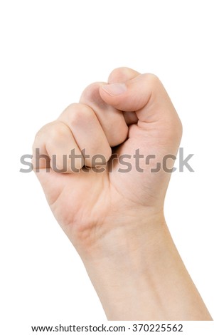 Hand compressed in a fist on a white background, gesture