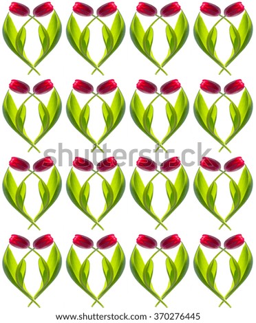  pattern of  red tulips with leaves and stems isolated  background. A background for packing paper, a napkin, a cloth, a congratulation. Easter pattern