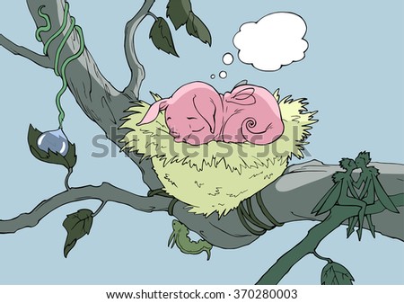Hand drawn cartoon illustration of a cute little magic animal sleeping in the nest on a branch of a tree at night