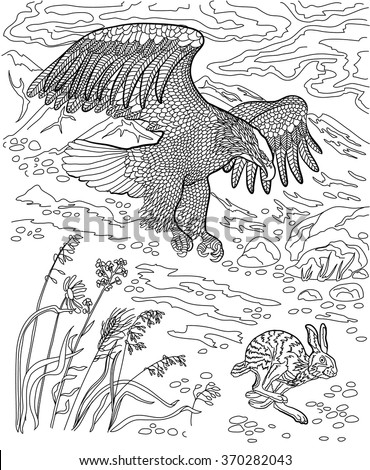 Eagle hunting wild hare. Coloring book for adults.