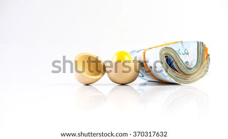 Wooden egg replica and Ringgit Malaysia 50 currency note side by side. Concept of sale hatch or profit. Isolated on white background. Slightly de-focused and close-up shot. Copy space.