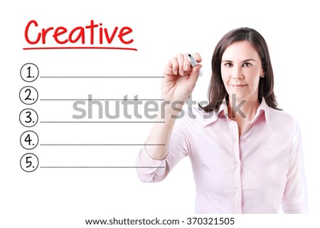 Business woman writing blank Creative list. Isolated on white. 