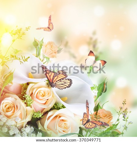 Bouquet for the bride of yellow roses and white calla lilies,  butterfly.