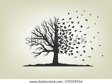 dried tree with branches and flying butterflies