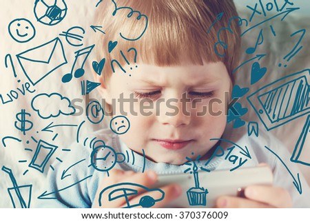 Child Playing Smartphone Phone. Flat Media Drawing illustration Symbols. Adverse Effect on Development. Toned 