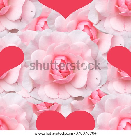 Seamless background with pink roses and hearts