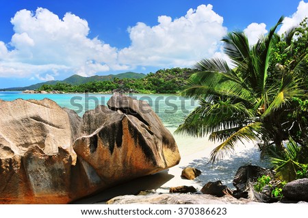  Bay on Island Curieuse, Seychelles, Paradise and Giant Rocks Royalty-Free Stock Photo #370386623