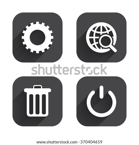 Globe magnifier glass and cogwheel gear icons. Recycle bin delete and power sign symbols. Square flat buttons with long shadow.