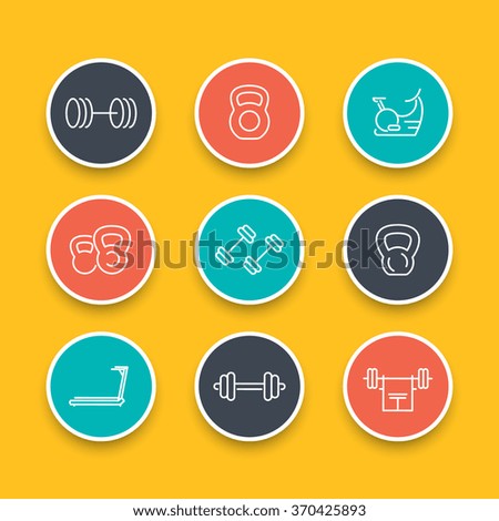 Gym equipment line icons, training, fitness, exercise round icons set, vector illustration