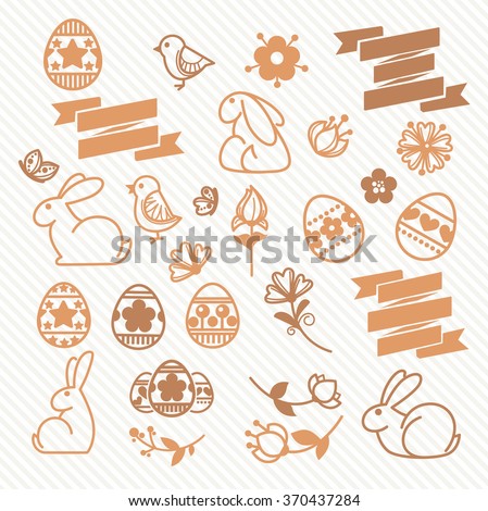 Vector collection of cute line art doodle icons and logo elements for easter design