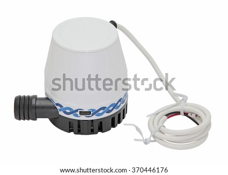 Black and white bilge pump with wires isolated on white Royalty-Free Stock Photo #370446176