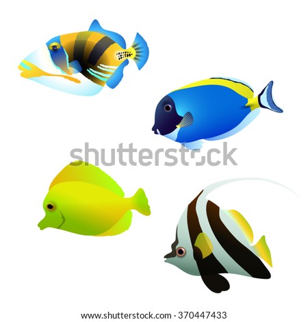 Vector illustration of a shoal of tropical fish. Set of different color of tropical fish. Coral cartoon fish.Aquarium fish on an isolated background
