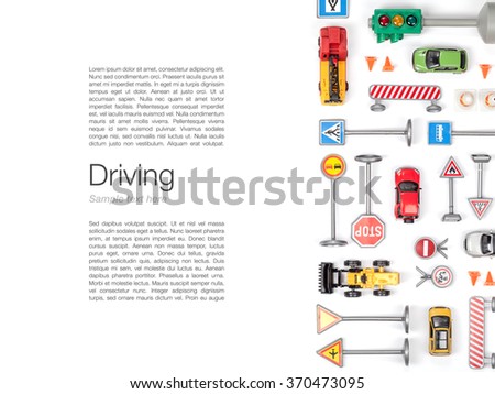 driving school concept. set of road signs and cars on white background top view