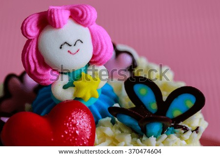 pink hair candy doll cake with red heart and blue butterfly