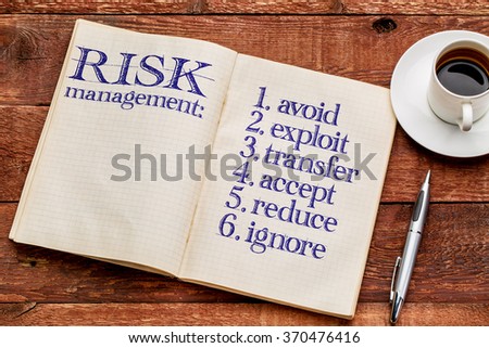 risk management strategies (avoid, exploit, transfer, accept, reduce,ignore) - handwriting in an old notebook with a cup of coffee