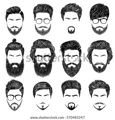A set of mens hairstyles, beards and mustaches.Gentlmen haircuts and shaves.  Digital hand drawn vector illustration. Royalty-Free Stock Photo #370483247