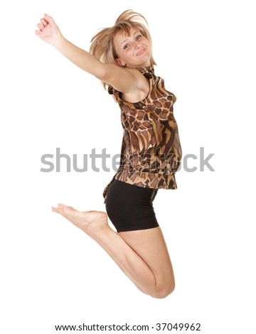 The nice girl jumping on a white background
