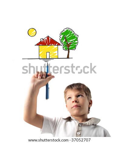 child drawing an home with felt pen