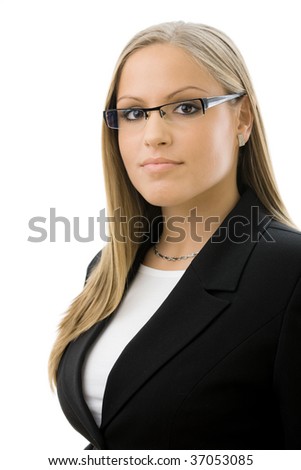 Portrait of young happy attractive businesswoman, smiling, isolated on white background.